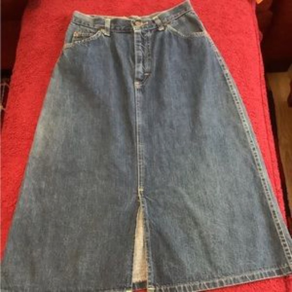 Women's Blue Denim Midi Skirt with Front Slit